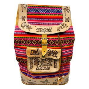 NEW PERU CUSCO WOMEN'S TEXTILE FABRIC EMBOSSED LEATHER BOHO BACKPACK BAG